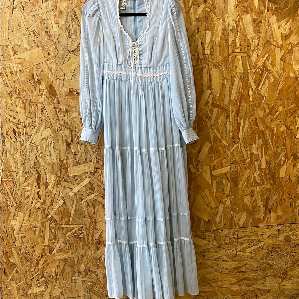 Gunne Sax Pale Blue Maxi Dress with Lace Trim